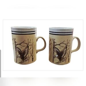 2 Vtg 4-3/4" OTAGIRI Bald Eagle Embossed Tall Stoneware Coffee Mug Cup